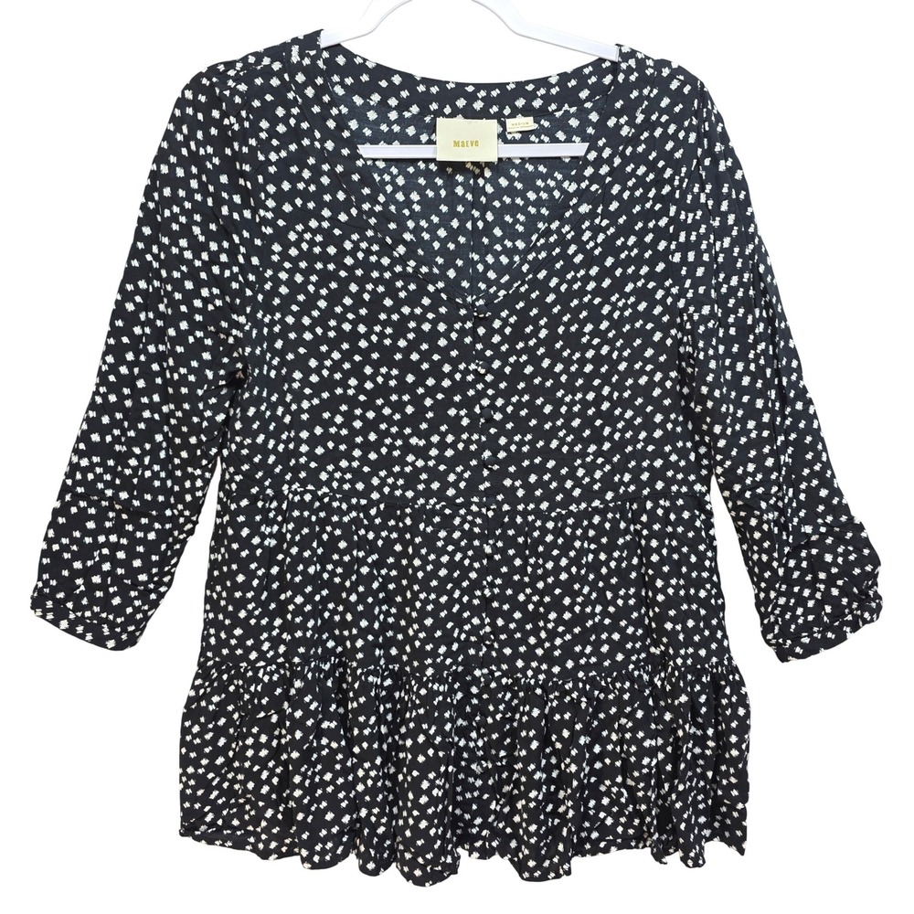Maeve Tunic Top Womens M Boho Geometric Black White Tiered Ruffle Vneck Pockets